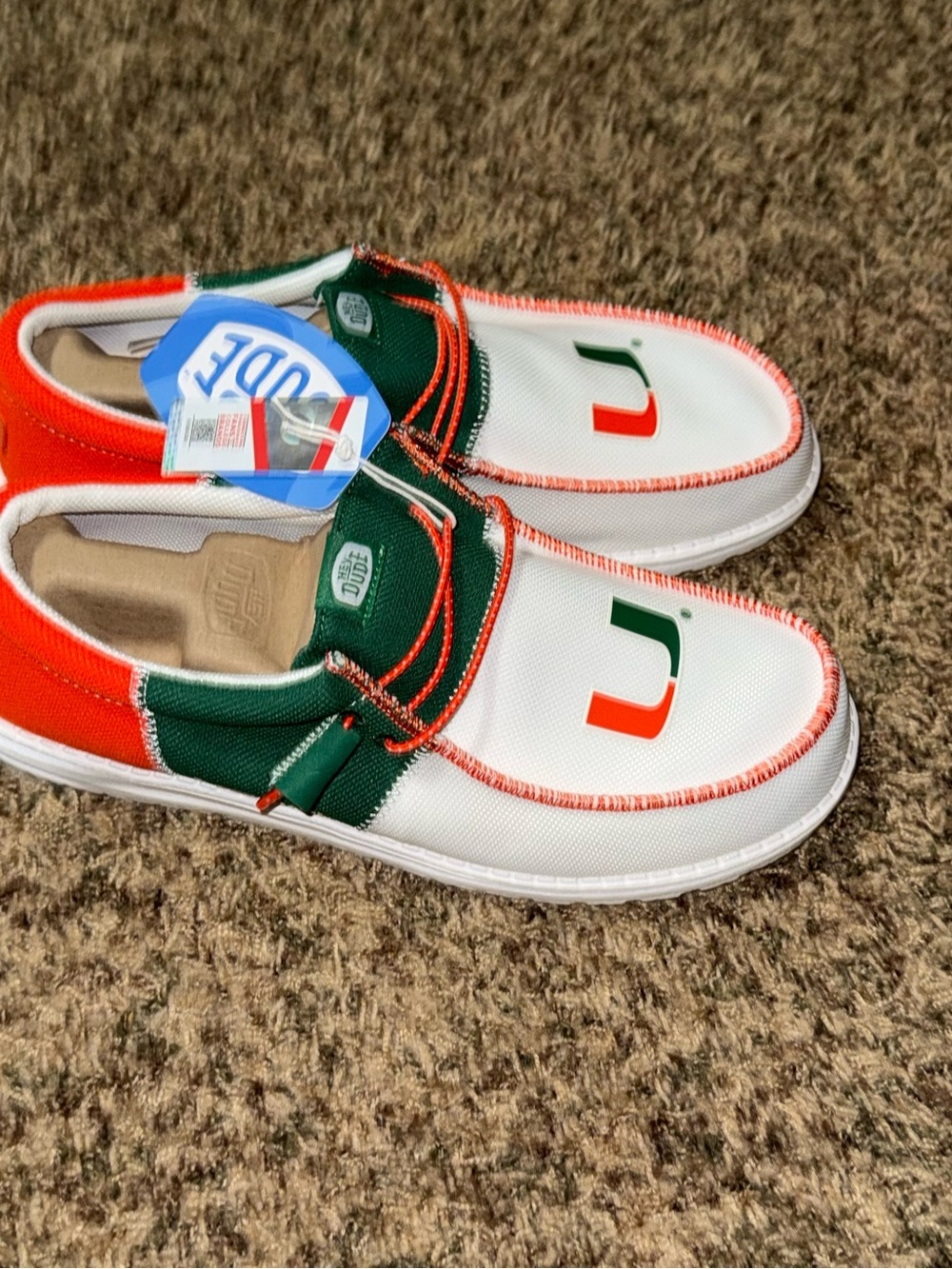 Hey Dude Wally Tri U of Miami Canvas Slip-On Shoes White/Green/Orange Men’s 12